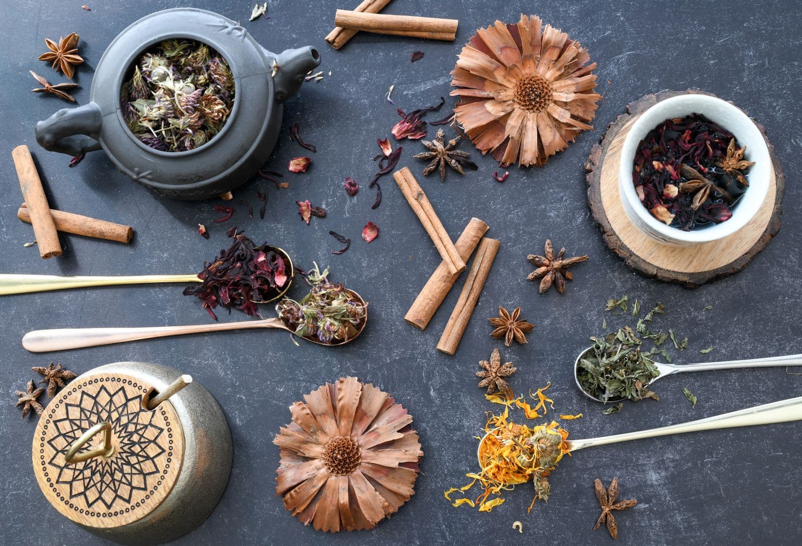 Traditional herbs, spices, and botanicals arranged as a flatlay