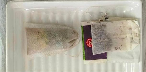 Oracle's teabag on the left beside a commercial teabag on the right